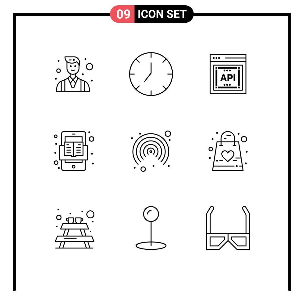 conjunto de esquema de interfaz móvil de 9 pictogramas de interfaz leer api libro en línea elementos de diseño vectorial editables vector