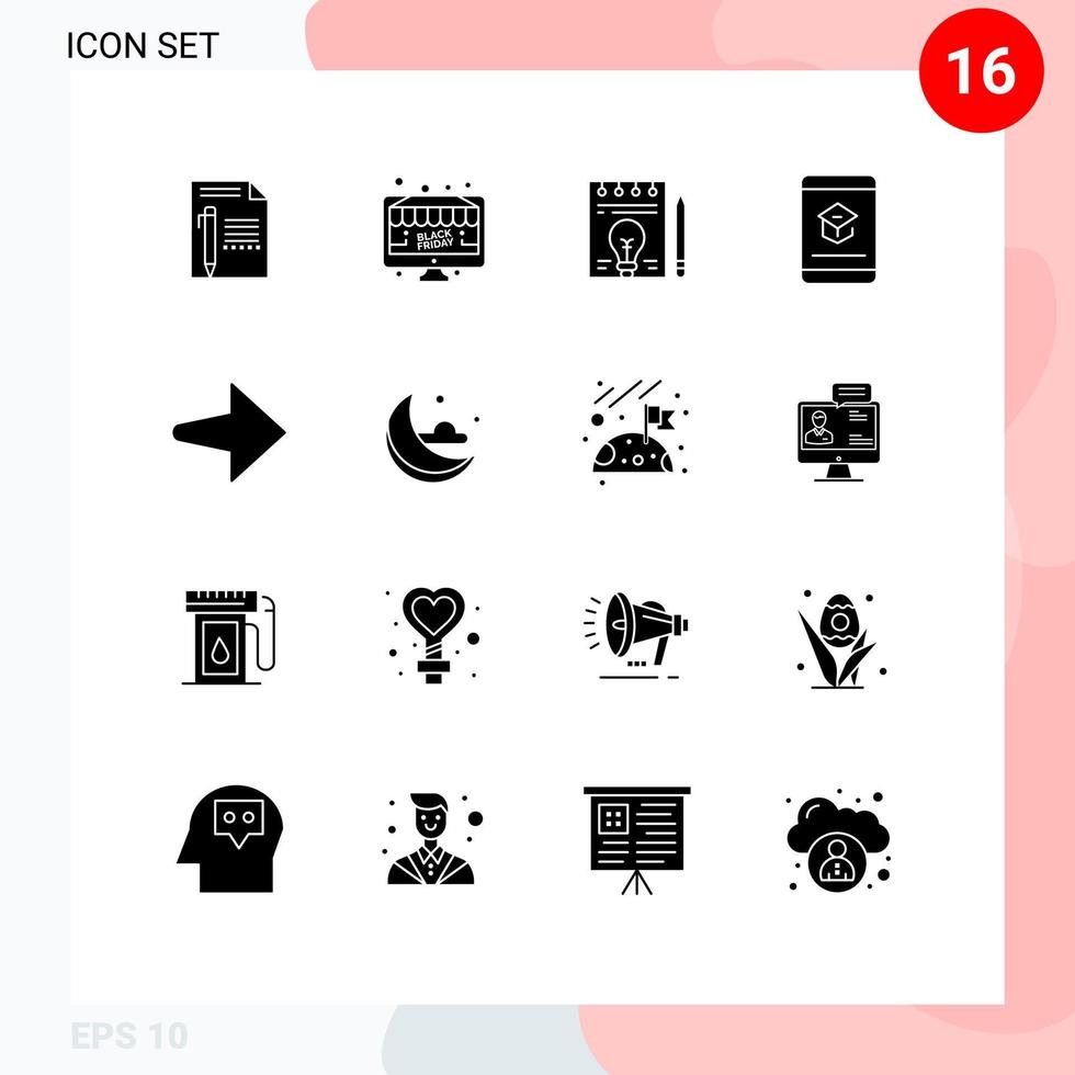 16 Universal Solid Glyphs Set for Web and Mobile Applications education book electronic pen document Editable Vector Design Elements