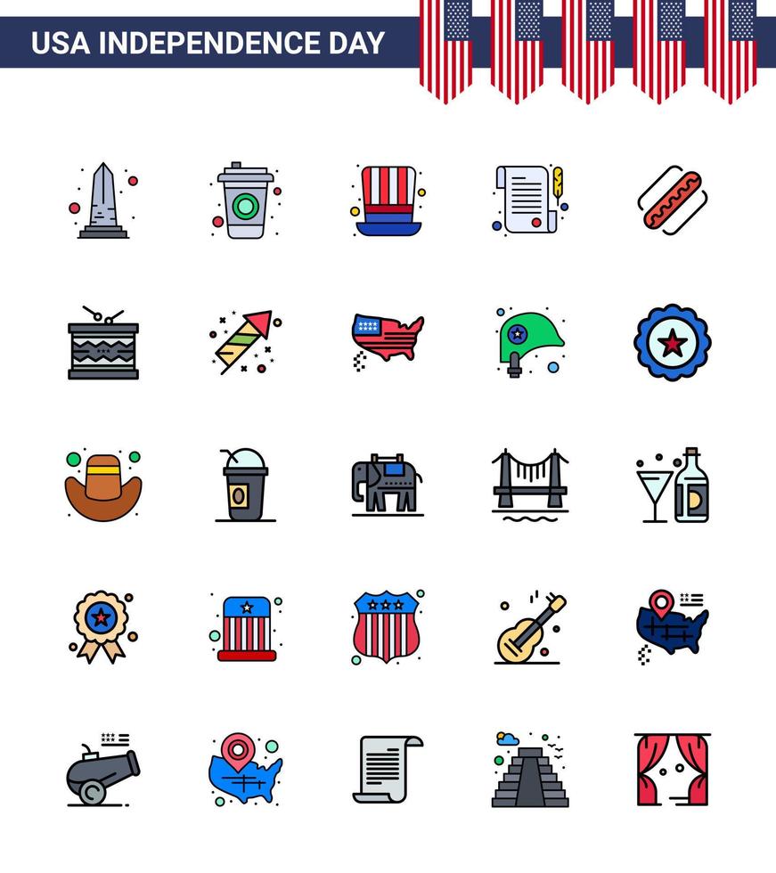 Flat Filled Line Pack of 25 USA Independence Day Symbols of hotdog america day day paper Editable USA Day Vector Design Elements