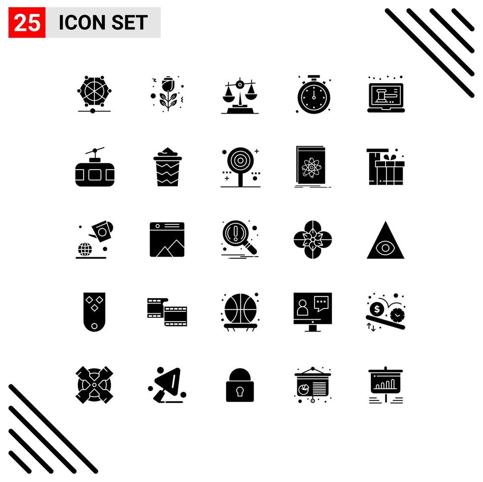 Group of 25 Modern Solid Glyphs Set for laptop time justice mobile alert Editable Vector Design Elements