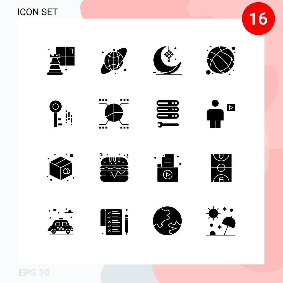 Group of 16 Modern Solid Glyphs Set for security exercise decoration sport basketball Editable Vector Design Elements