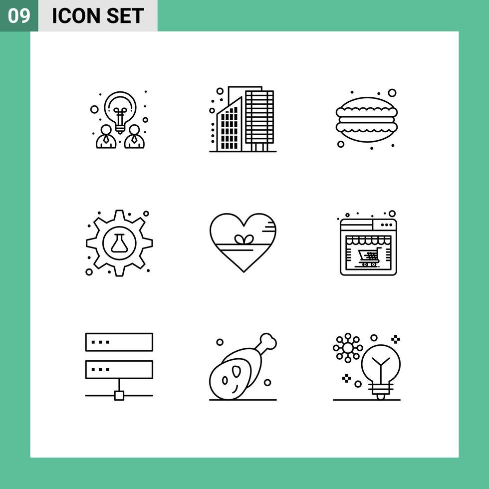 Pictogram Set of 9 Simple Outlines of tube lab infrastructure gear food Editable Vector Design Elements