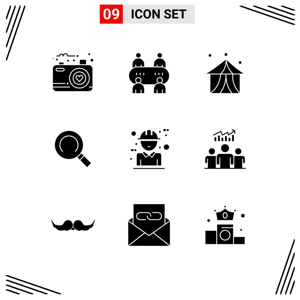 User Interface Pack of 9 Basic Solid Glyphs of concept builder entertainment architecture magnifier Editable Vector Design Elements