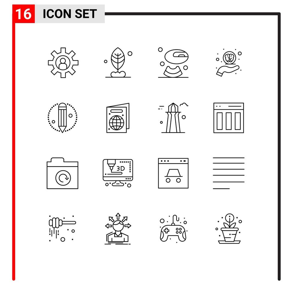 16 Universal Outlines Set for Web and Mobile Applications beach process food creative neuro care Editable Vector Design Elements
