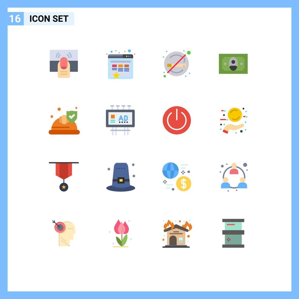User Interface Pack of 16 Basic Flat Colors of security hat healthcare money cash Editable Pack of Creative Vector Design Elements