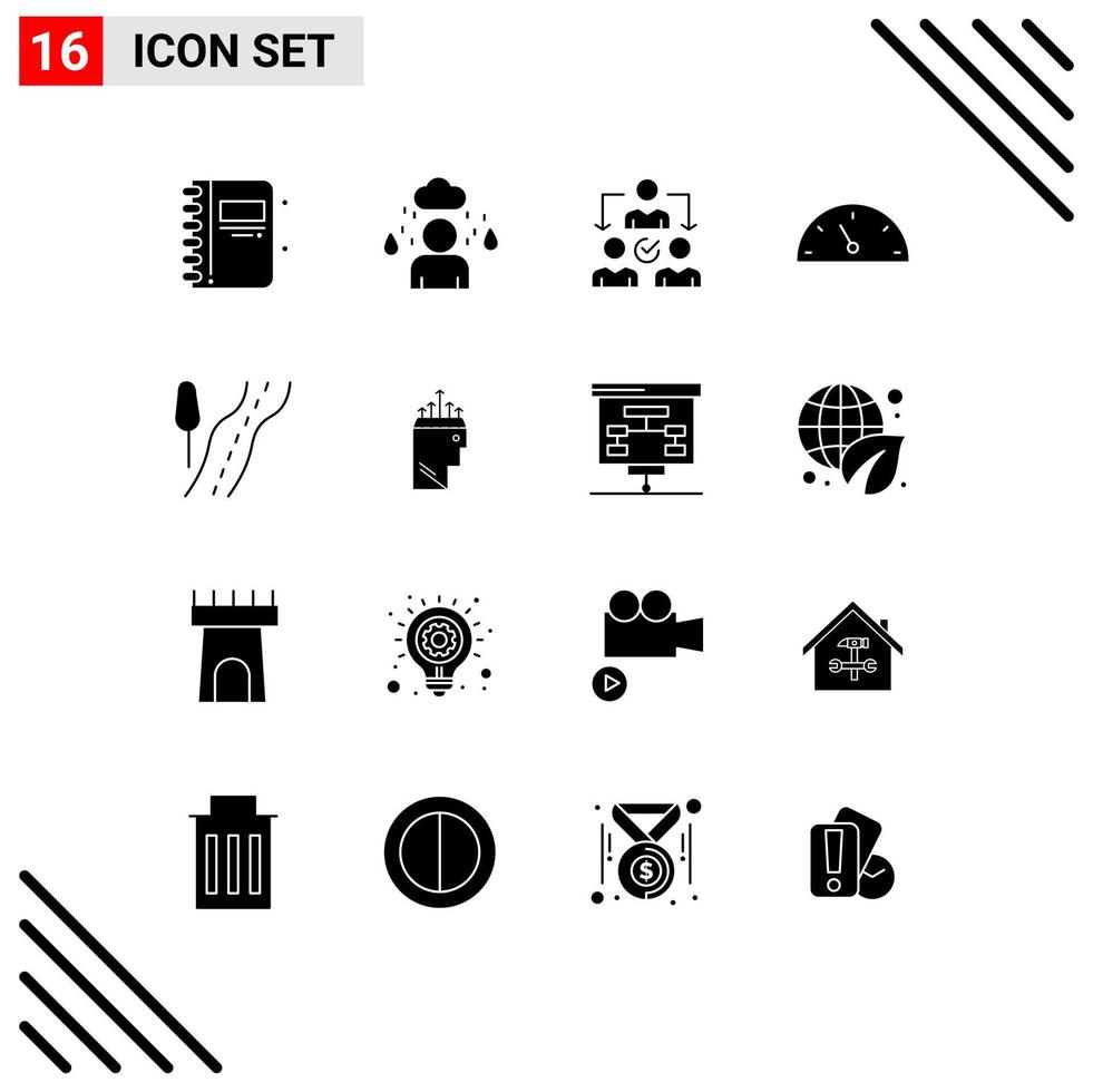 Modern Set of 16 Solid Glyphs Pictograph of hand route delegate road performance Editable Vector Design Elements