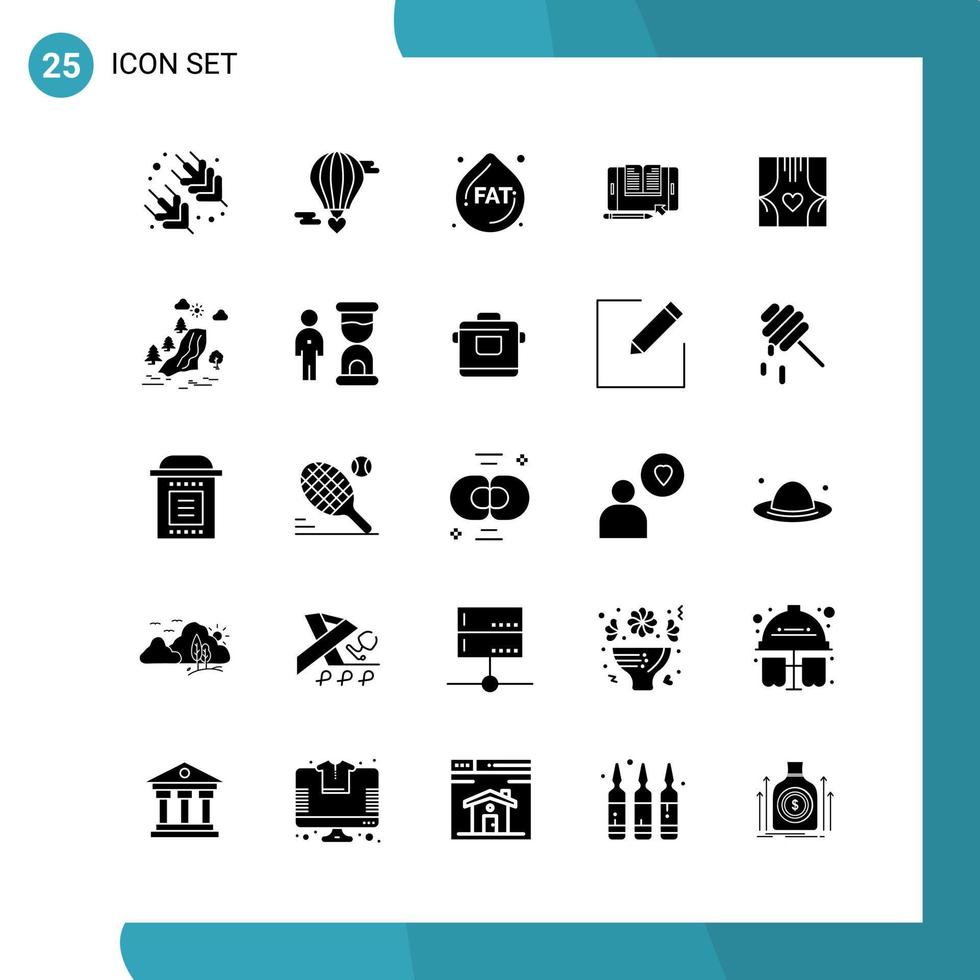 Vector Pack of 25 Glyph Symbols Solid Style Icon Set on White Background for Web and Mobile
