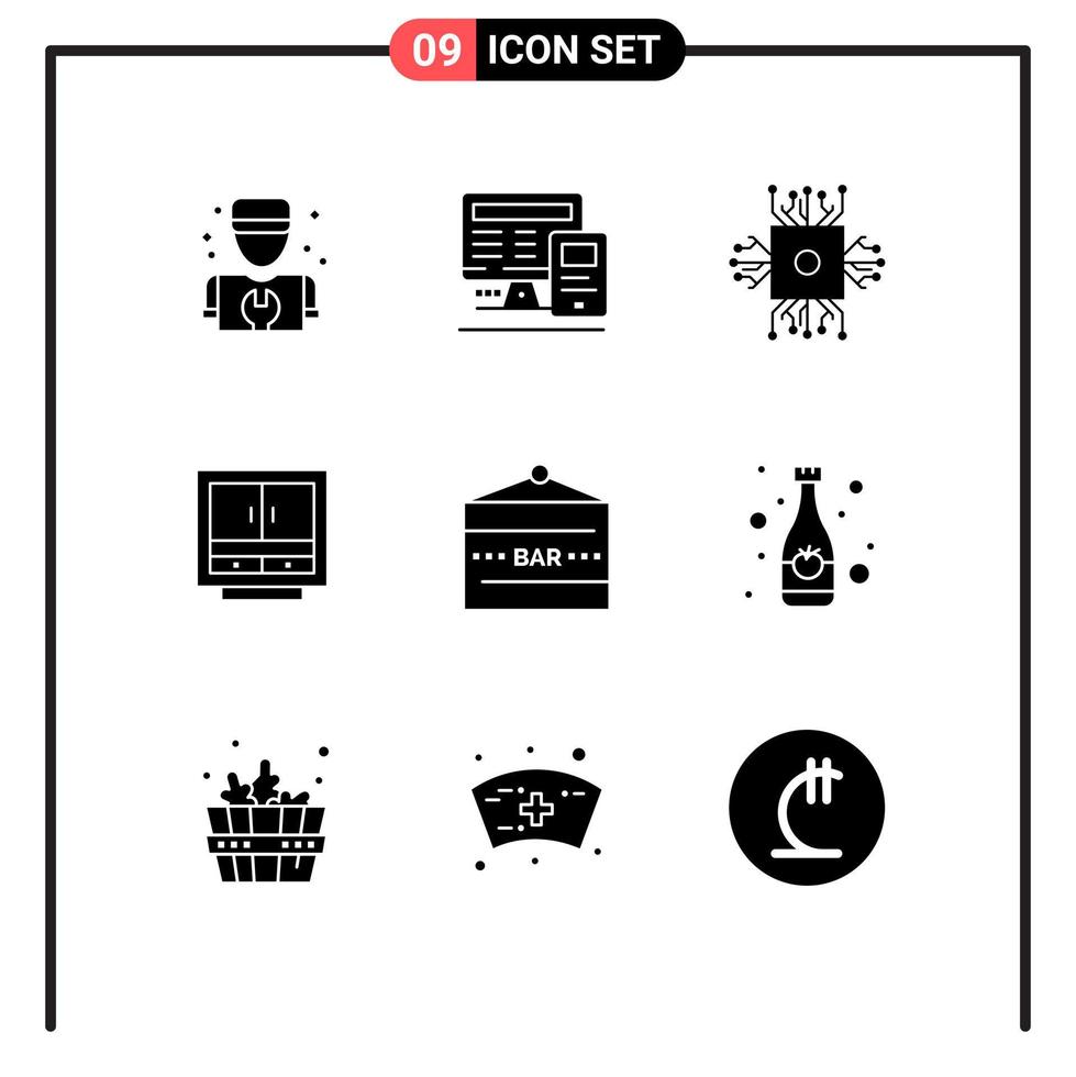 9 Universal Solid Glyphs Set for Web and Mobile Applications furniture drawer chip business technology Editable Vector Design Elements