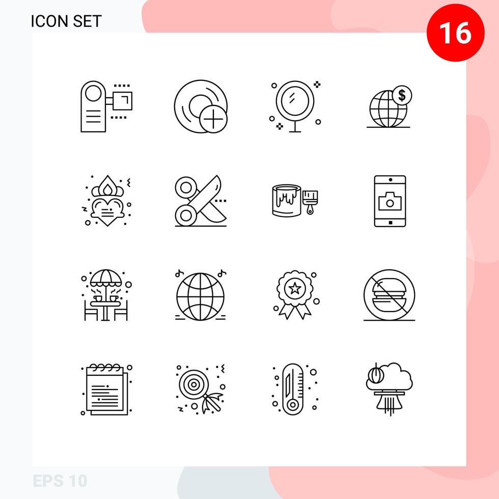 Mobile Interface Outline Set of 16 Pictograms of business dollar disc shower cleaning Editable Vector Design Elements