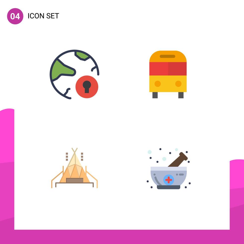 Set of 4 Vector Flat Icons on Grid for global transport padlock bus tent Editable Vector Design Elements