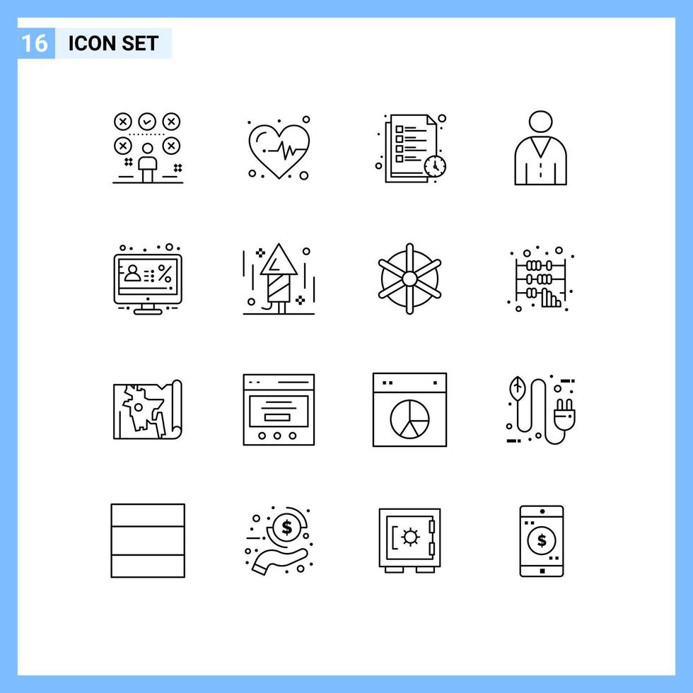 User Interface Pack of 16 Basic Outlines of account people reading time interface avatar Editable Vector Design Elements