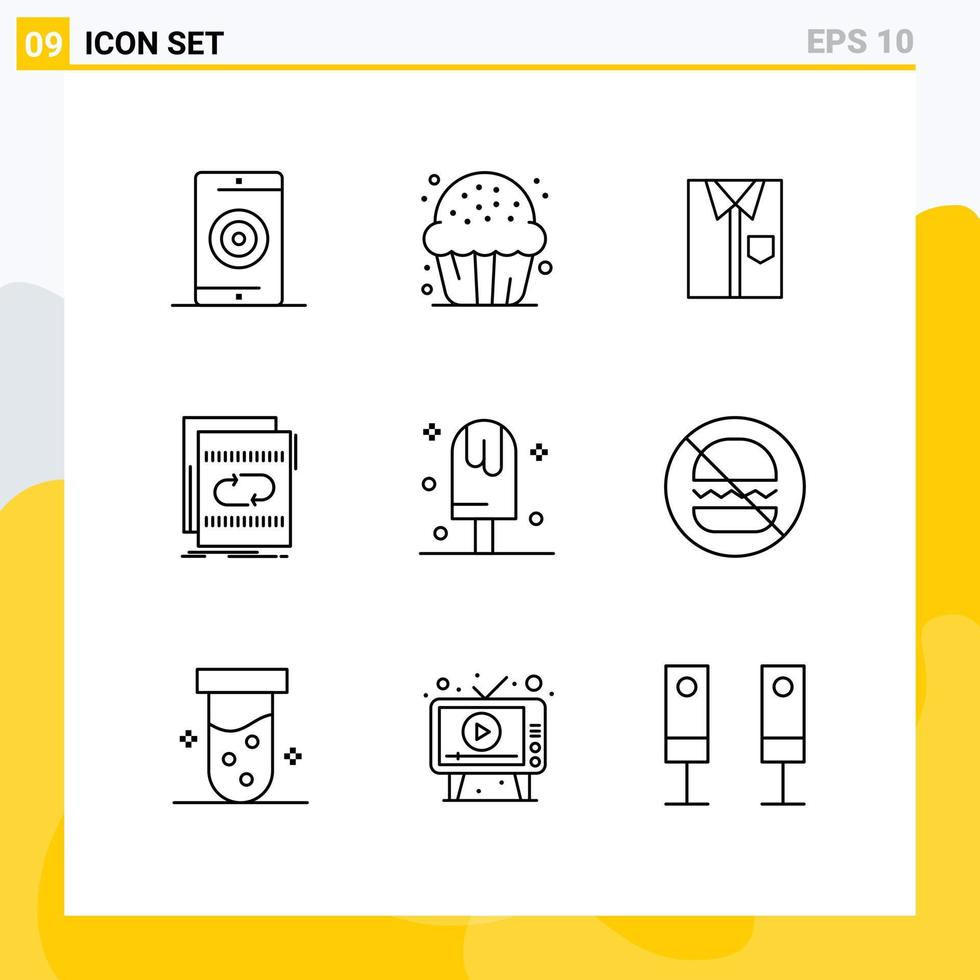 paquete de 9 signos y símbolos de contornos modernos para medios de impresión web, como elementos de diseño de vectores editables de ropa de moda de comida formal de audio