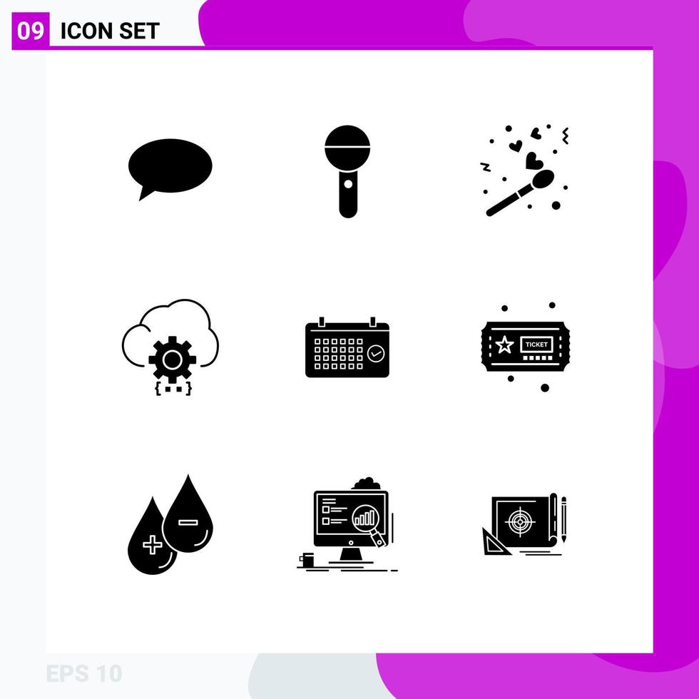 Modern Set of 9 Solid Glyphs and symbols such as process develop sound coding valentine fire Editable Vector Design Elements