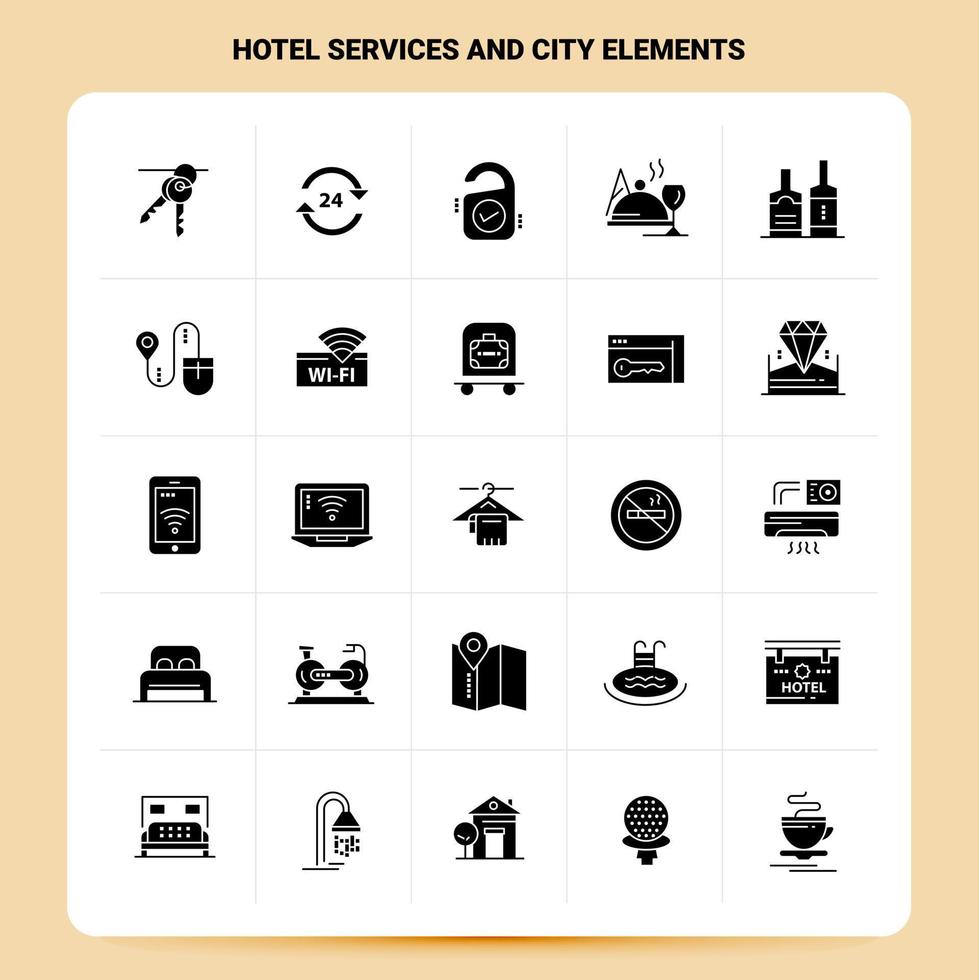 Solid 25 Hotel services And City Elements Icon set Vector Glyph Style Design Black Icons Set Web and Mobile Business ideas design Vector Illustration