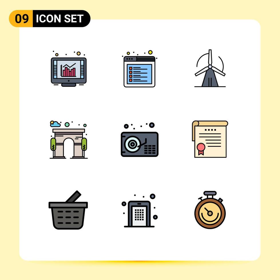 Universal Icon Symbols Group of 9 Modern Filledline Flat Colors of gramophone gate turbine door architecture Editable Vector Design Elements