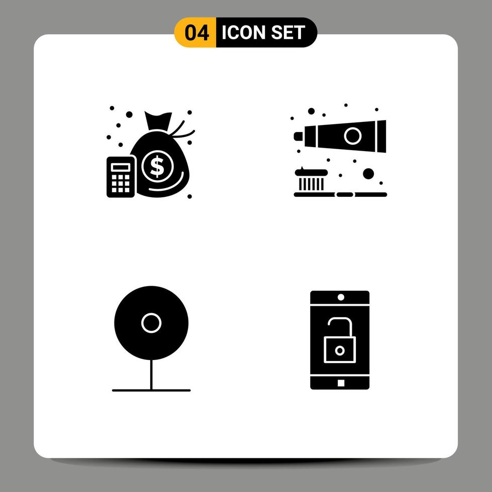 Editable Vector Line Pack of 4 Simple Solid Glyphs of accounting cctv money toothbrush play Editable Vector Design Elements