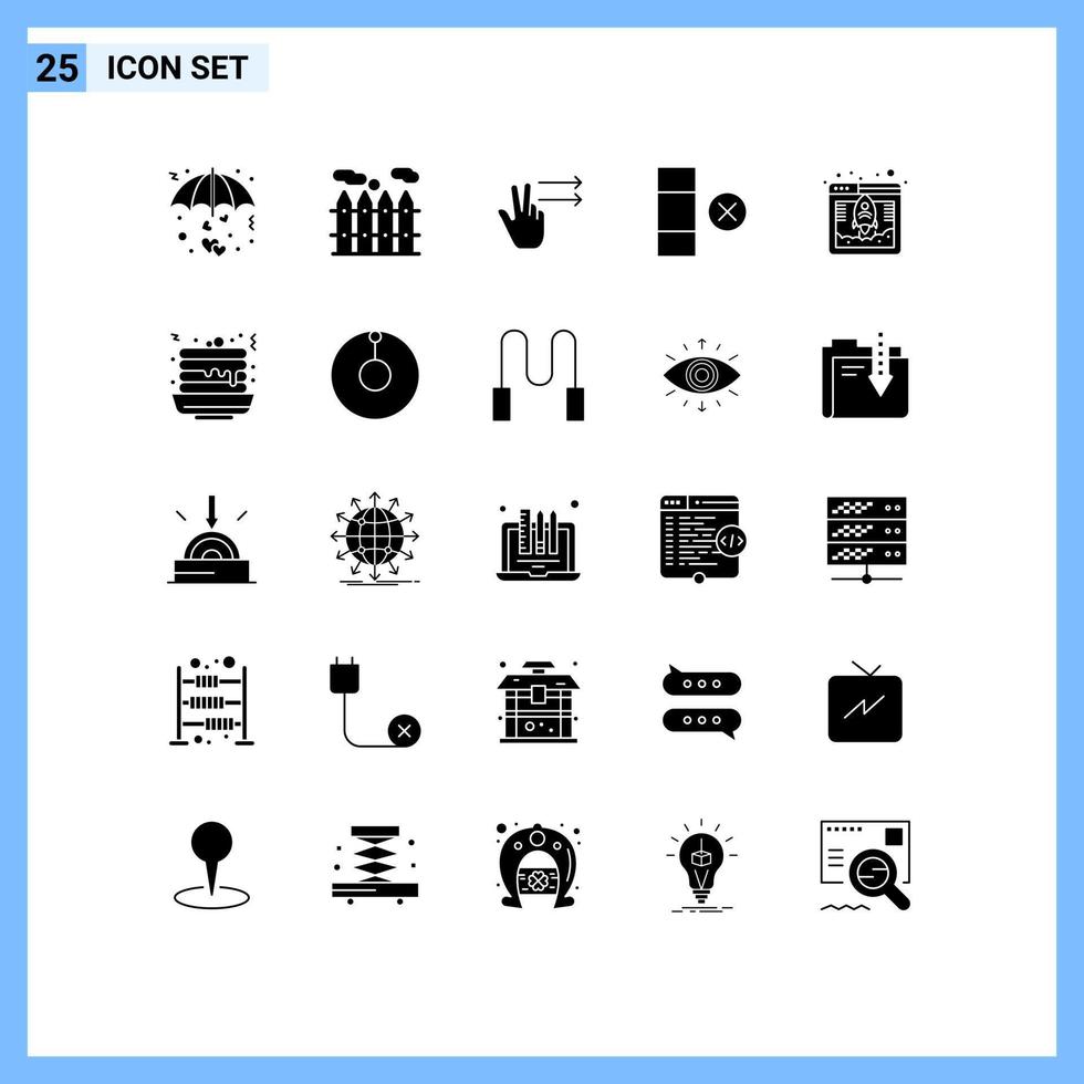 Pictogram Set of 25 Simple Solid Glyphs of pancake fast gesture database row Editable Vector Design Elements