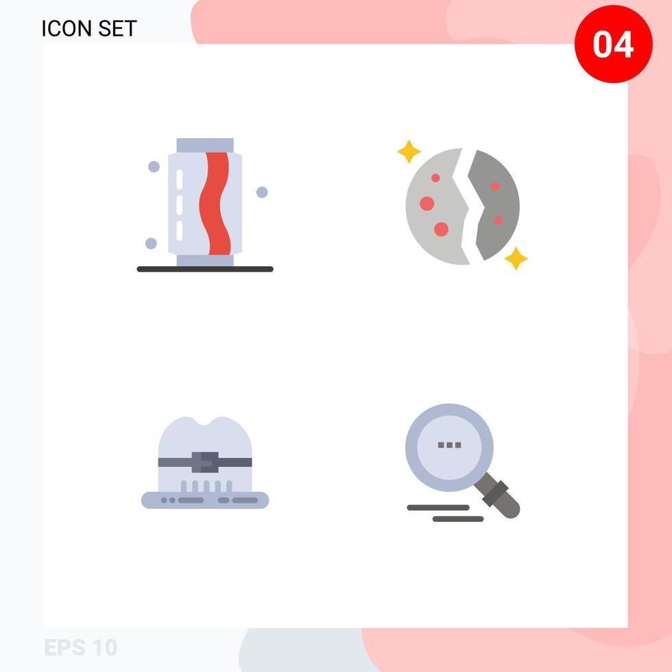 Set of 4 Vector Flat Icons on Grid for can space food destroyed hat Editable Vector Design Elements