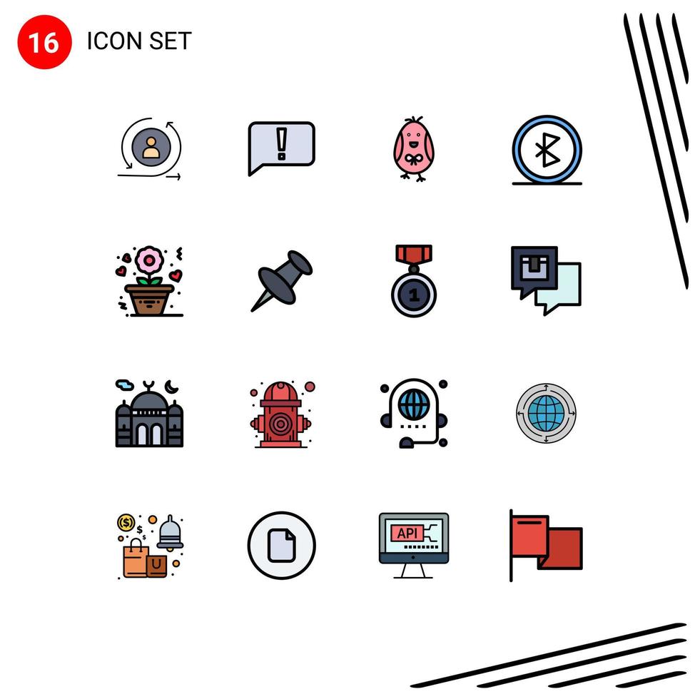 Editable Vector Line Pack of 16 Simple Flat Color Filled Lines of flower network chicken connection bluetooth Editable Creative Vector Design Elements