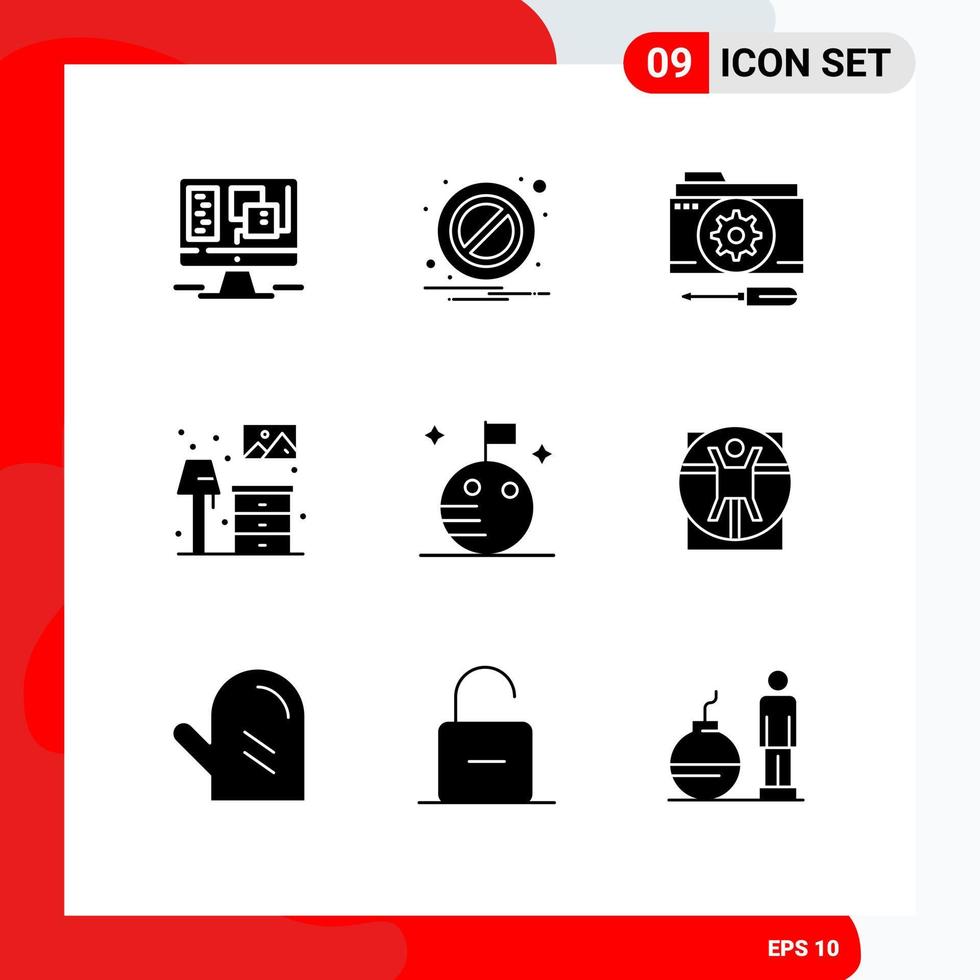 Group of 9 Solid Glyphs Signs and Symbols for moon lump folder furniture home Editable Vector Design Elements