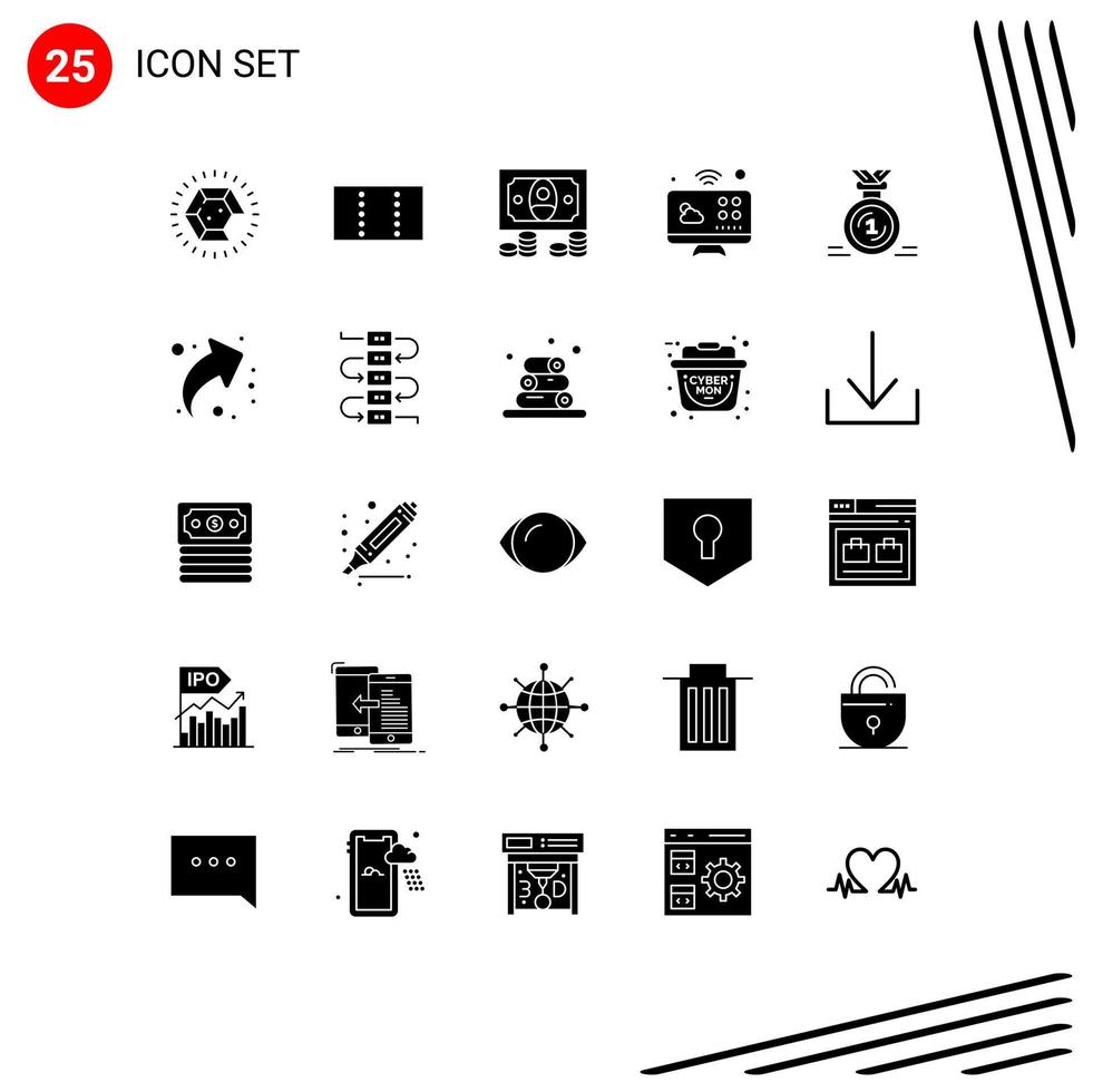 User Interface Pack of 25 Basic Solid Glyphs of reward first money medal internet of things Editable Vector Design Elements