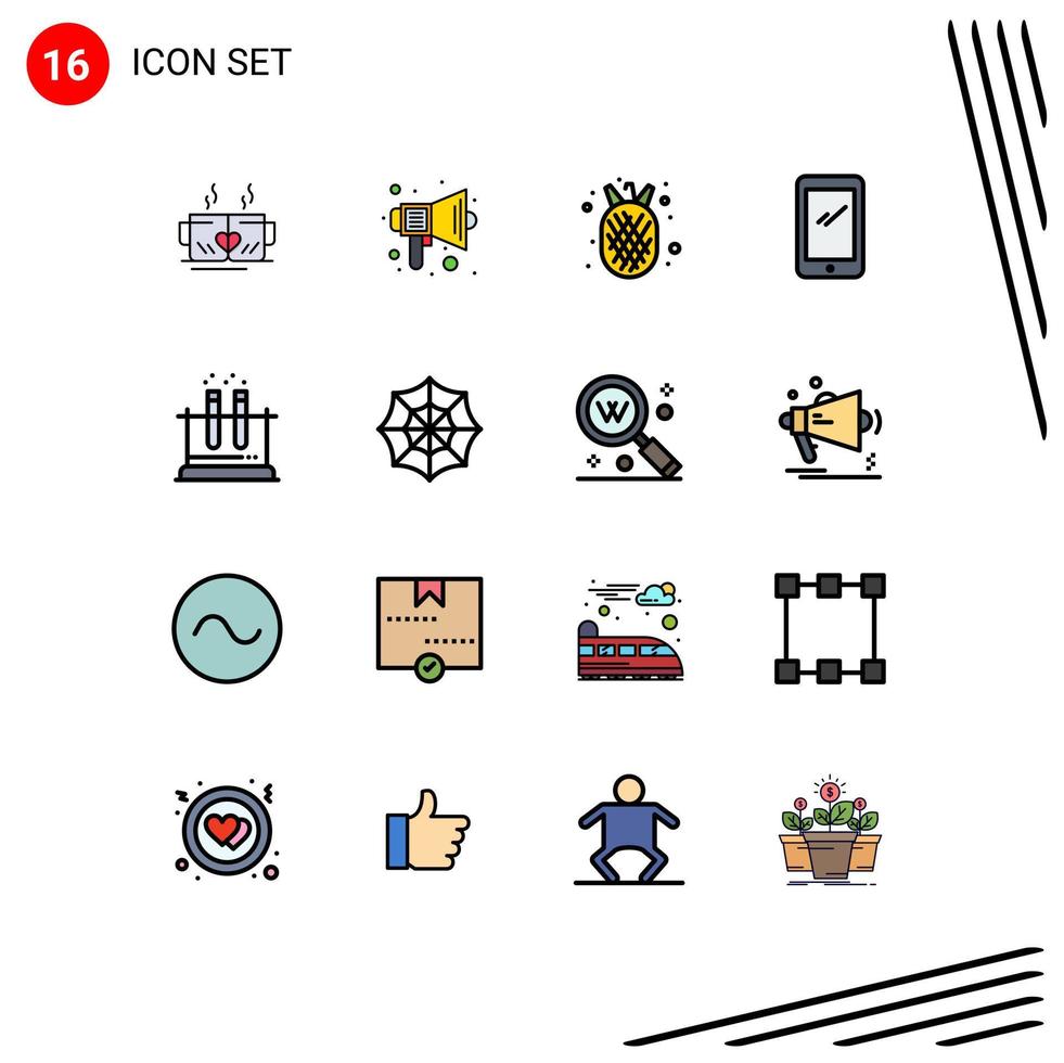 conjunto de 16 líneas vectoriales llenas de color plano en la cuadrícula para teléfonos inteligentes con Android, teléfono con sonido, alimentos orgánicos, elementos de diseño de vectores creativos editables
