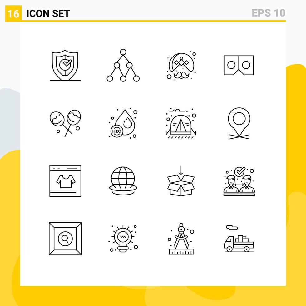 Pack of 16 Modern Outlines Signs and Symbols for Web Print Media such as confectionery movie indian vr wearing Editable Vector Design Elements