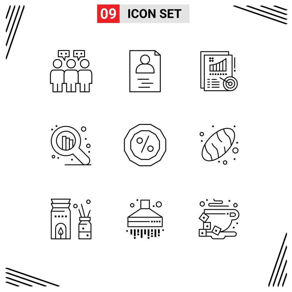 Group of 9 Modern Outlines Set for bread percent report money web Editable Vector Design Elements