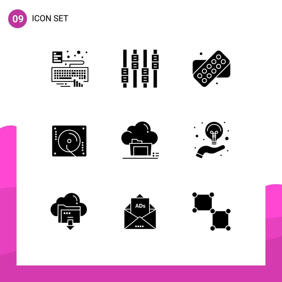 User Interface Pack of 9 Basic Solid Glyphs of data archive medical folder music Editable Vector Design Elements