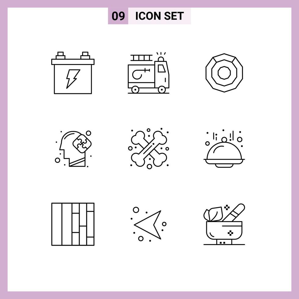Modern Set of 9 Outlines Pictograph of cross bone puzzle komodo solution human Editable Vector Design Elements