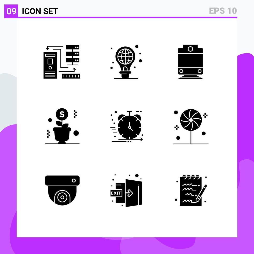 paquete de 9 signos y símbolos de glifos sólidos modernos para medios de impresión web, como elementos de diseño de vectores editables de dinero de bombilla de éxito ágil