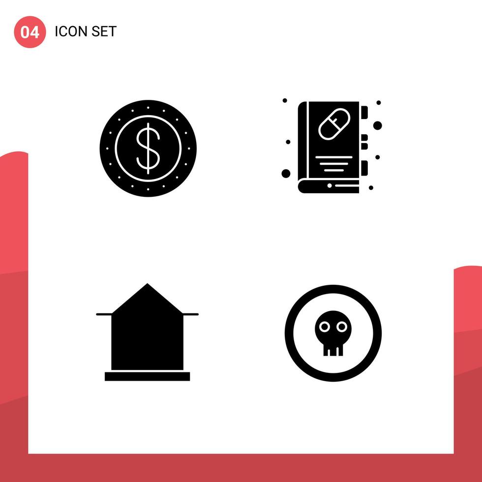 4 User Interface Solid Glyph Pack of modern Signs and Symbols of dollar house book medical book shack Editable Vector Design Elements