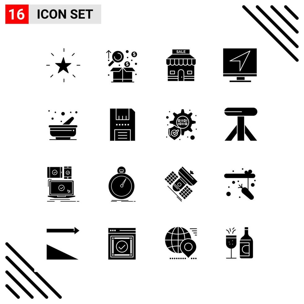 conjunto perfecto de píxeles de 16 iconos sólidos conjunto de iconos de glifos para el diseño de sitios web y la interfaz de aplicaciones móviles vector