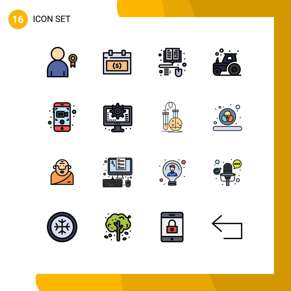 16 User Interface Flat Color Filled Line Pack of modern Signs and Symbols of mobile tractor date farming agriculture Editable Creative Vector Design Elements