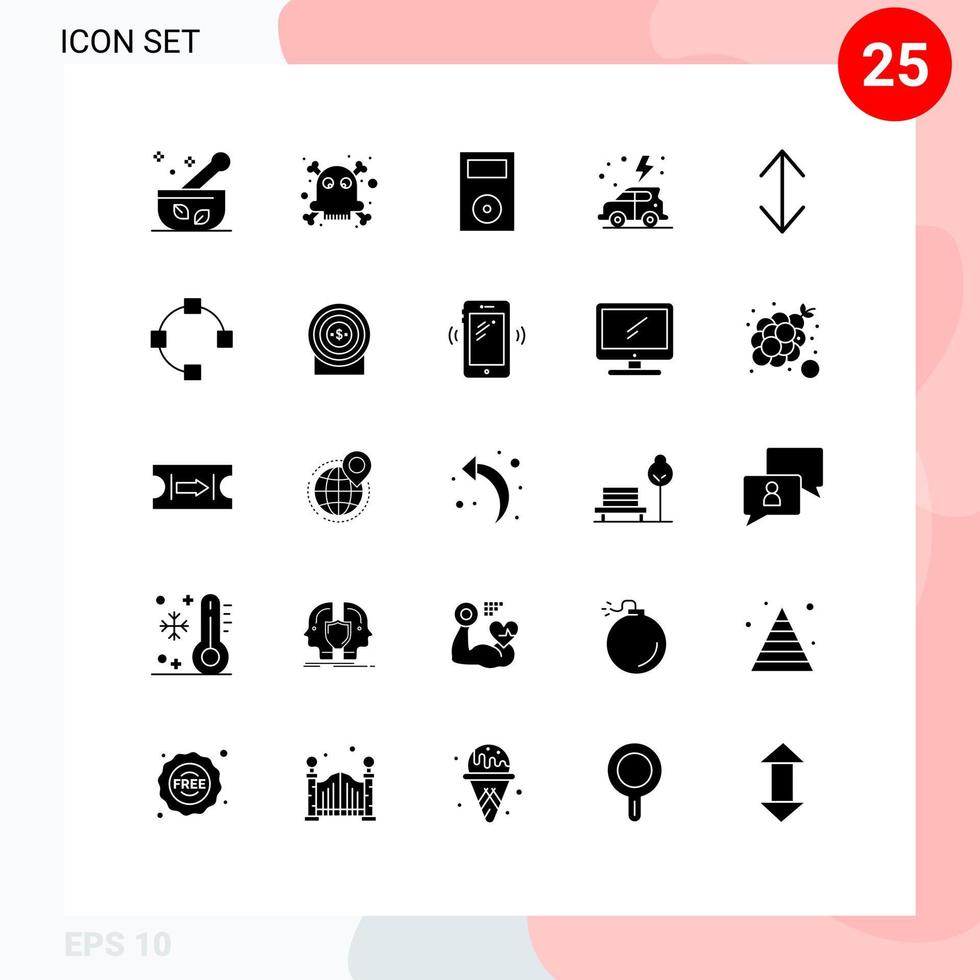 25 Universal Solid Glyphs Set for Web and Mobile Applications down car electronics green earth Editable Vector Design Elements