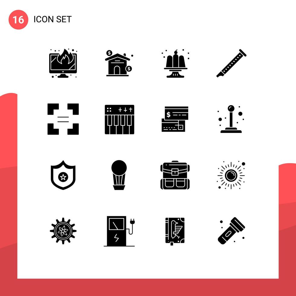 Group of 16 Solid Glyphs Signs and Symbols for full screen music birthday instrument audio Editable Vector Design Elements