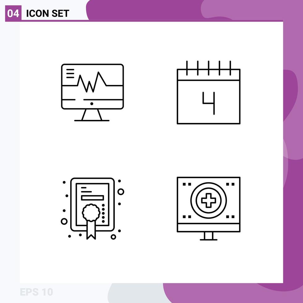 Mobile Interface Line Set of 4 Pictograms of medical award heartbeat schedule achievement Editable Vector Design Elements