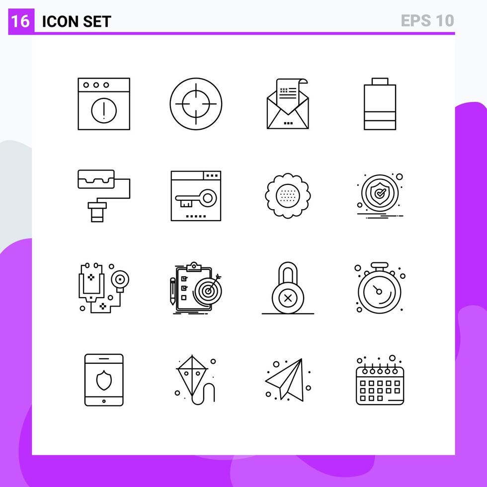 Modern Set of 16 Outlines Pictograph of engine pattern envelope power battery Editable Vector Design Elements