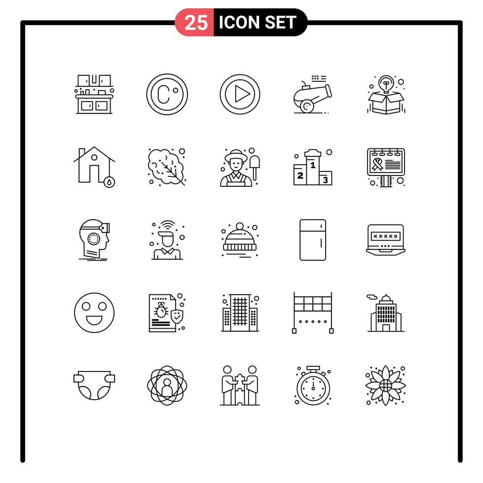 25 User Interface Line Pack of modern Signs and Symbols of package creative play box howitzer Editable Vector Design Elements