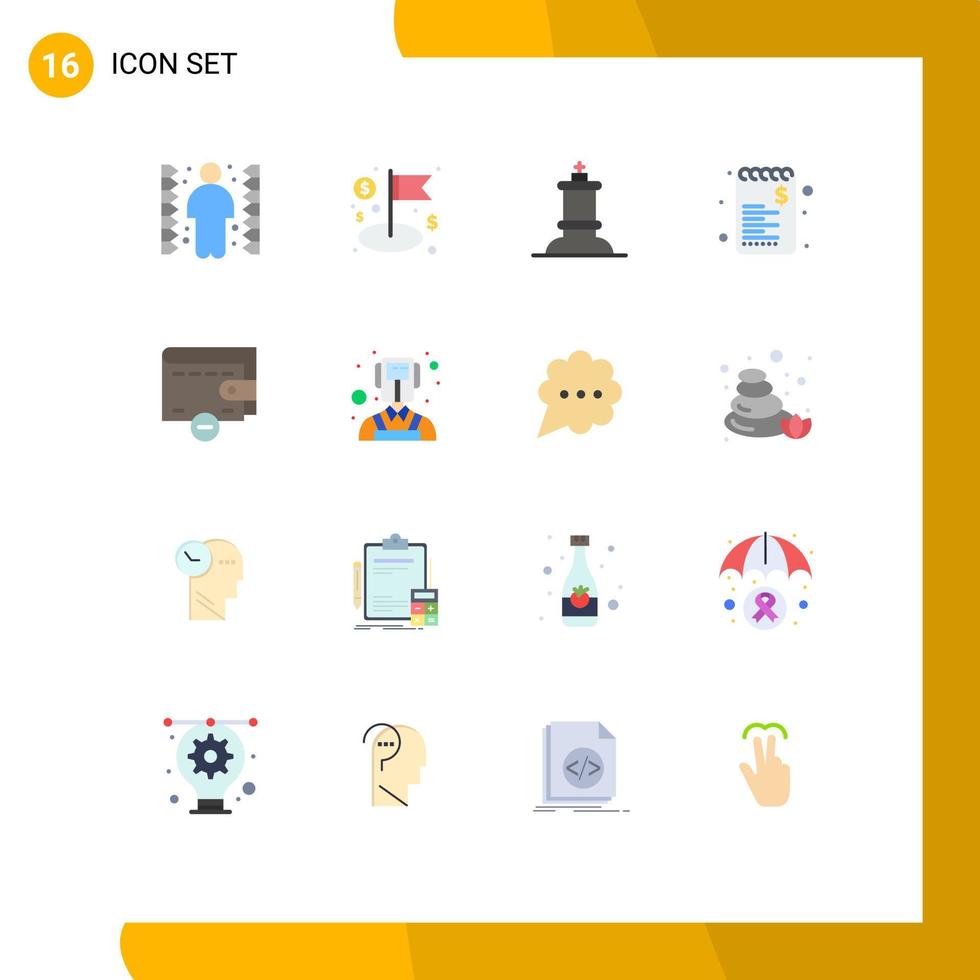 conjunto de pictogramas de 16 colores planos simples de billetera eliminar lista de compras de ajedrez paquete editable de elementos creativos de diseño de vectores