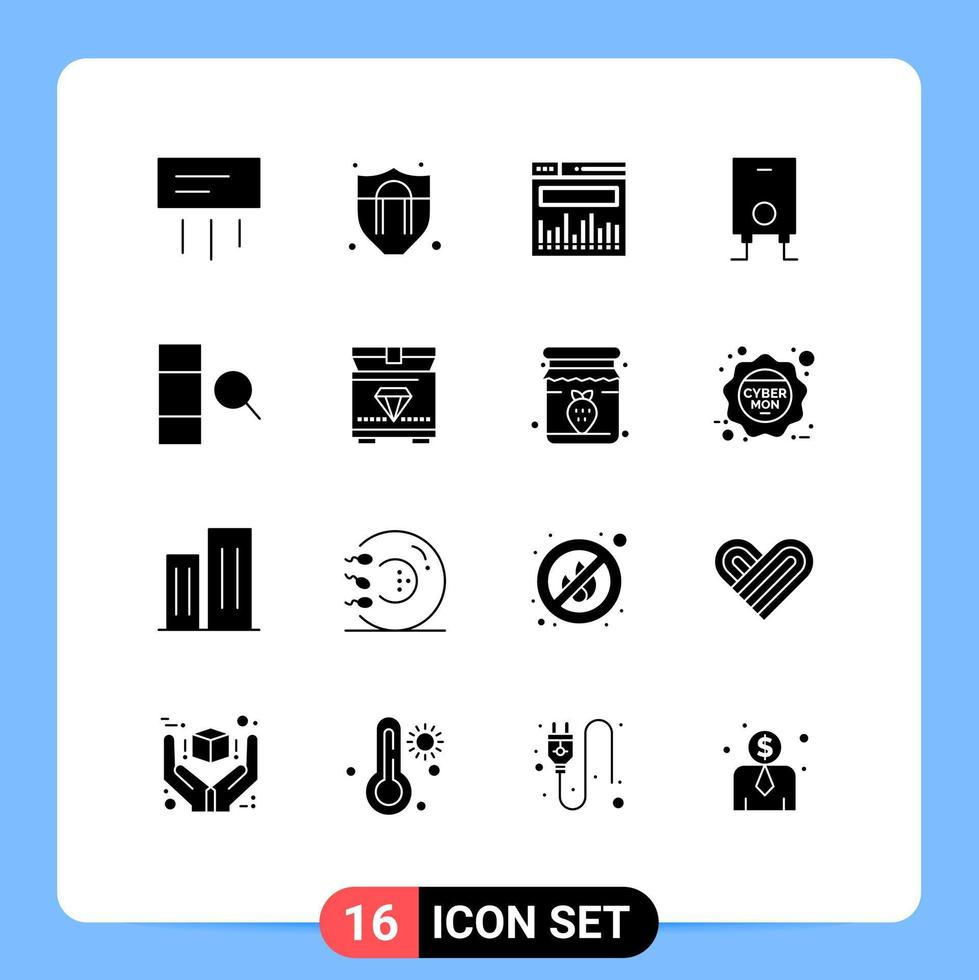 16 Universal Solid Glyph Signs Symbols of chest search data data water Editable Vector Design Elements