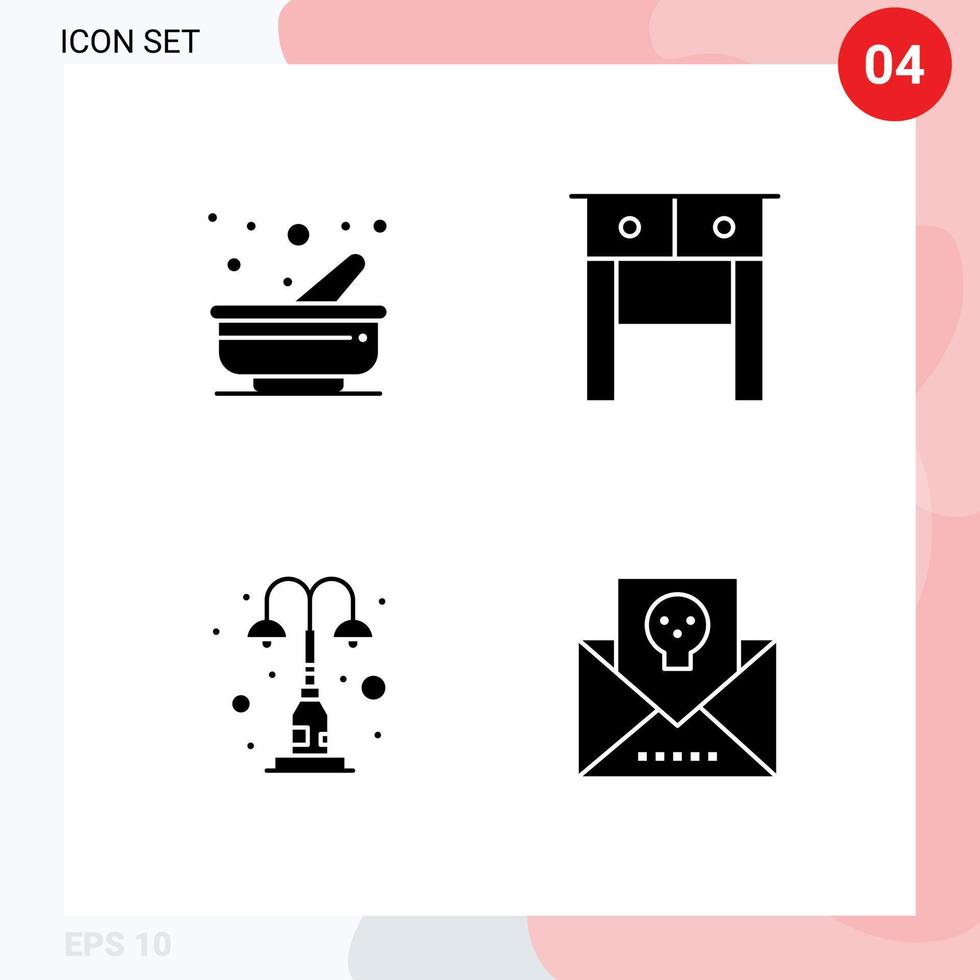 Modern Set of 4 Solid Glyphs Pictograph of cooking lights pestle table street Editable Vector Design Elements