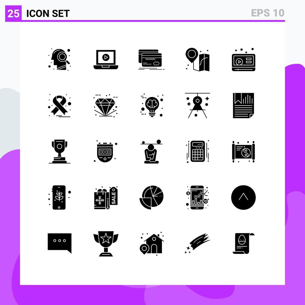 Group of 25 Solid Glyphs Signs and Symbols for youtube marketing card map beach Editable Vector Design Elements