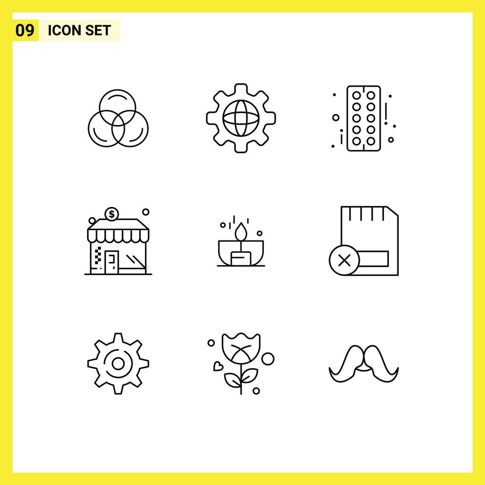 Pictogram Set of 9 Simple Outlines of lighter dark strip candle dollar Editable Vector Design Elements