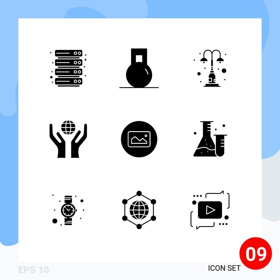 9 User Interface Solid Glyph Pack of modern Signs and Symbols of basic image light world care Editable Vector Design Elements