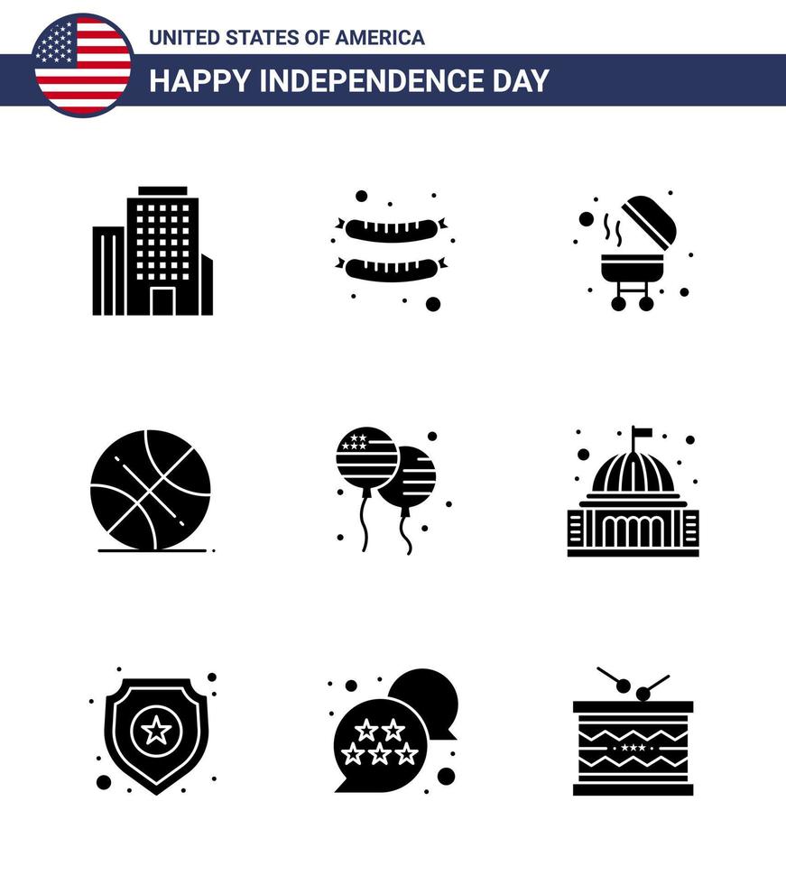 Happy Independence Day 4th July Set of 9 Solid Glyphs American Pictograph of place fly grill bloons usa Editable USA Day Vector Design Elements