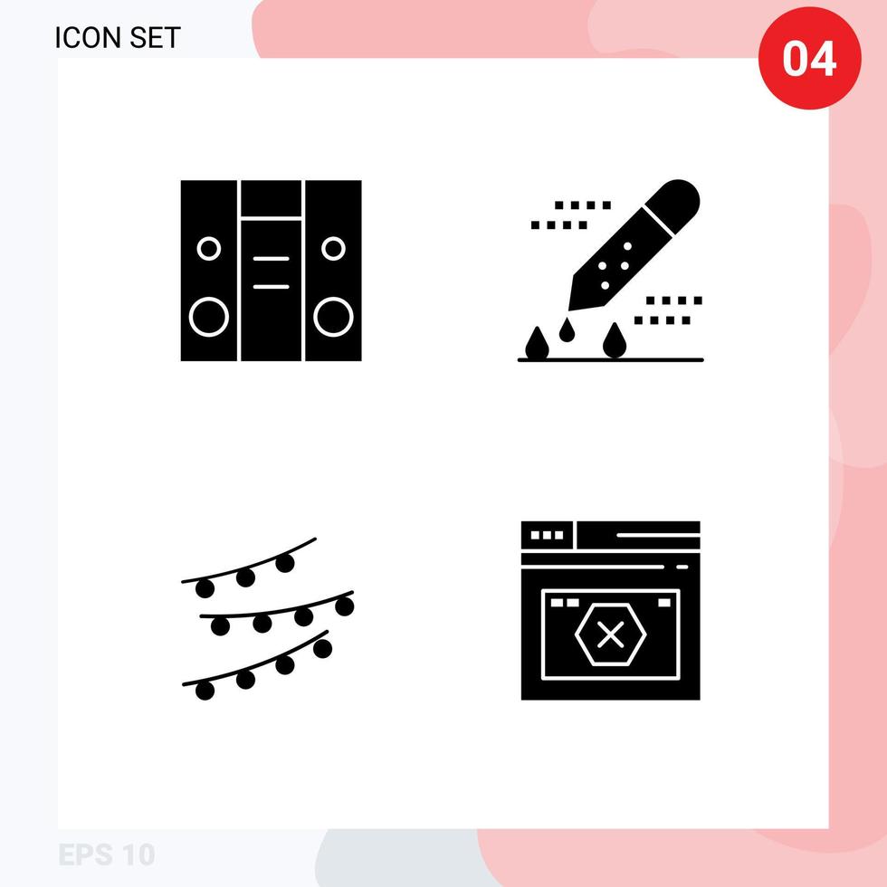 Universal Icon Symbols Group of 4 Modern Solid Glyphs of boom box lights chemical test pipette dropper celebtare Editable Vector Design Elements