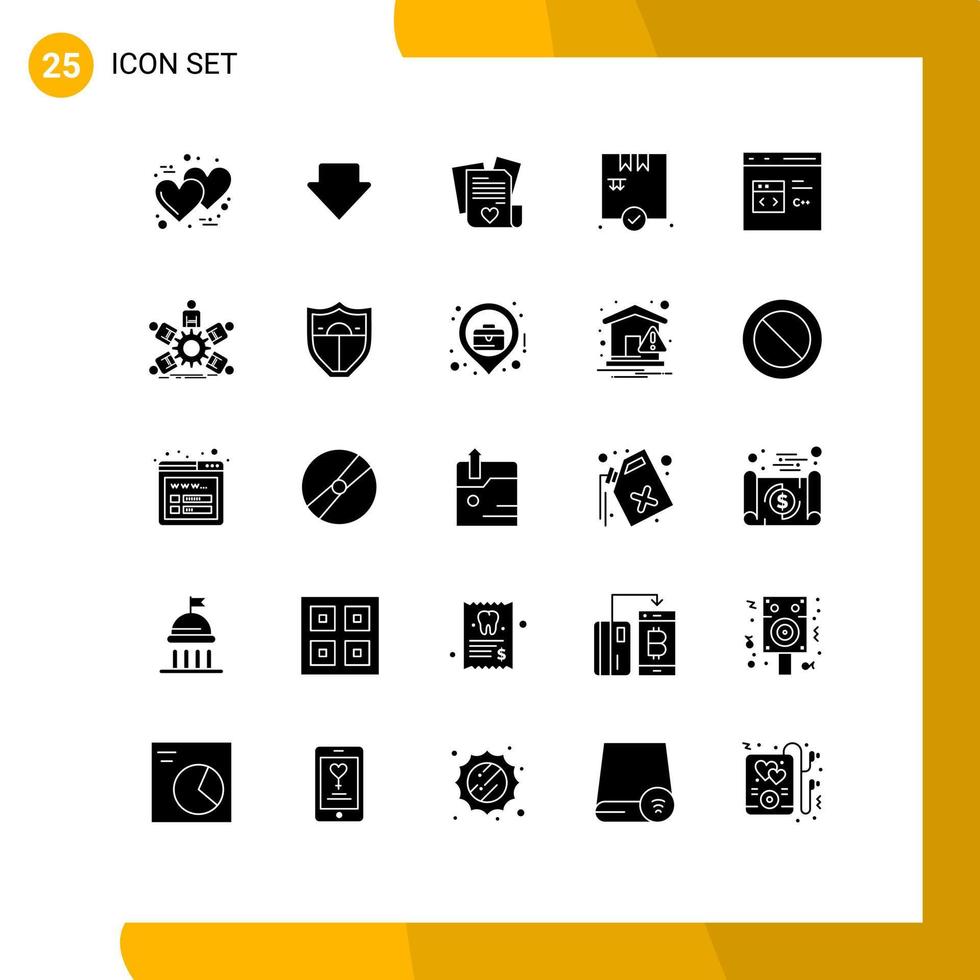 Pack of 25 Modern Solid Glyphs Signs and Symbols for Web Print Media such as develop code love c box Editable Vector Design Elements