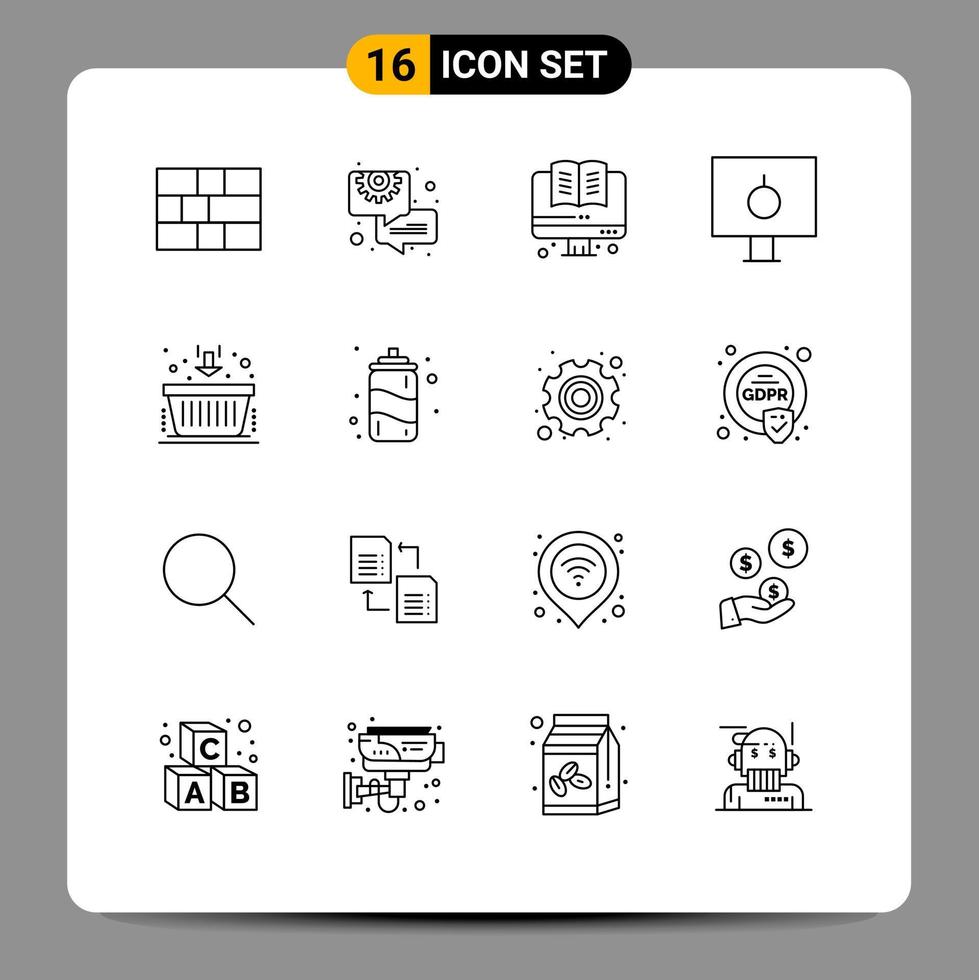 Set of 16 Vector Outlines on Grid for finance basket education safety password Editable Vector Design Elements