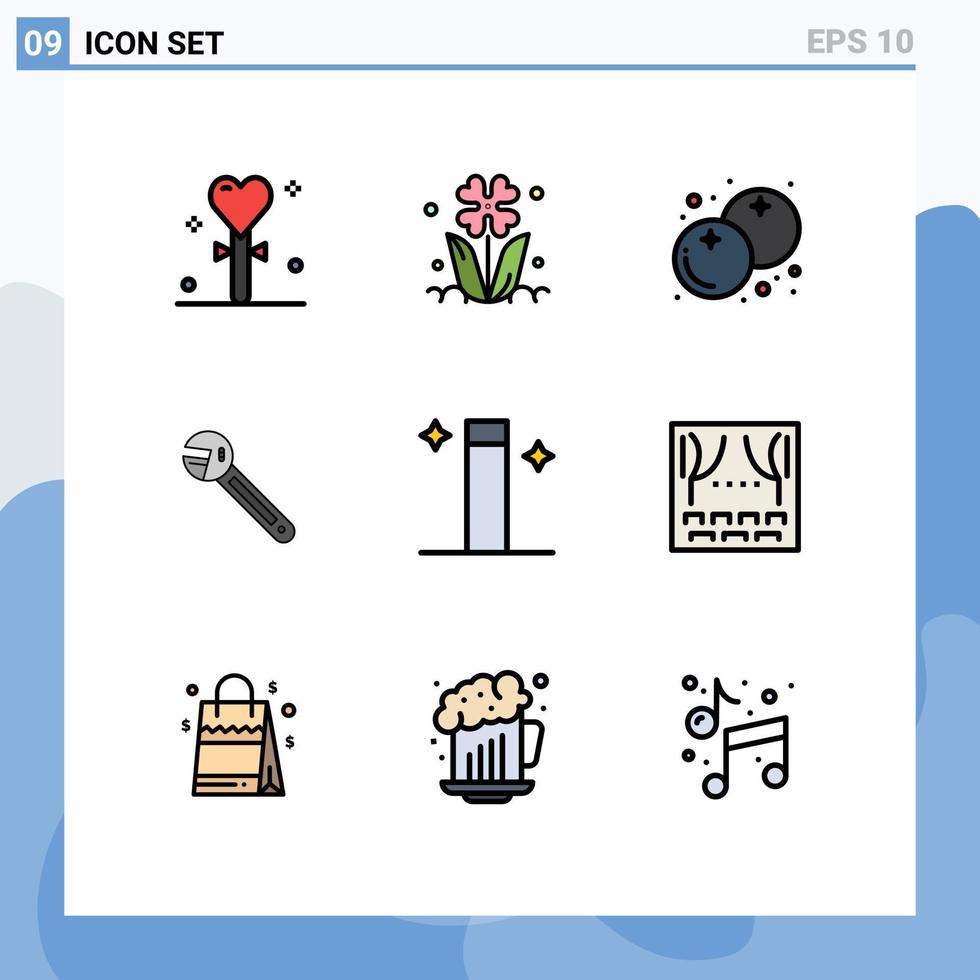 9 paquete de color plano de línea de relleno de interfaz de usuario de signos y símbolos modernos de opción de llave inglesa elementos de diseño de vector editables de fruta de llave de naturaleza